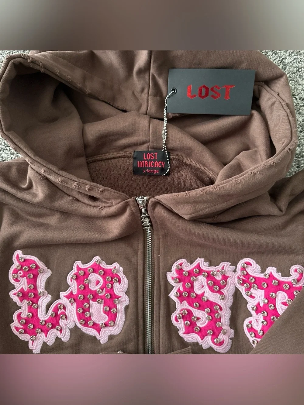 Lost Intricacy Brown & Pink Rhinestone Zip-Up Hoodie XL NWT